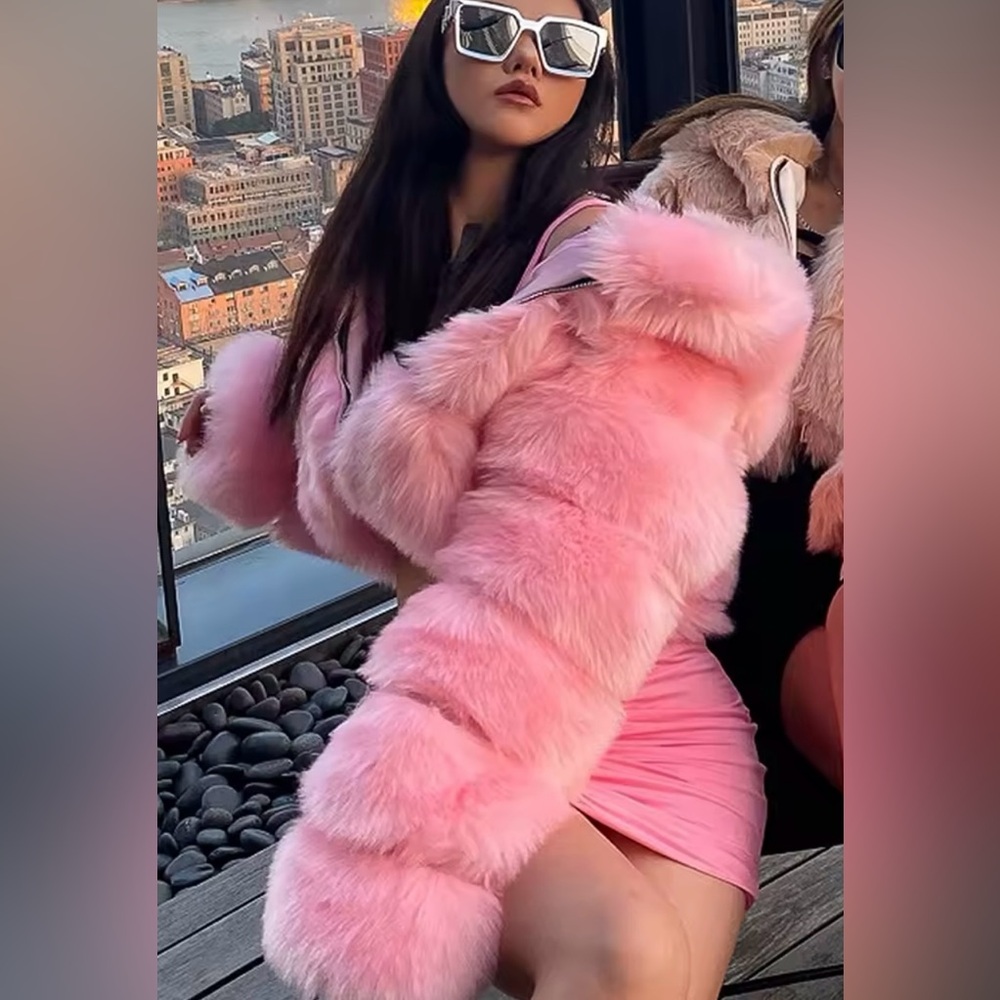 Pink Cozy Chic Faux Fur Couture Hooded Cropped Teddy Jacket - Picture 2 of 6